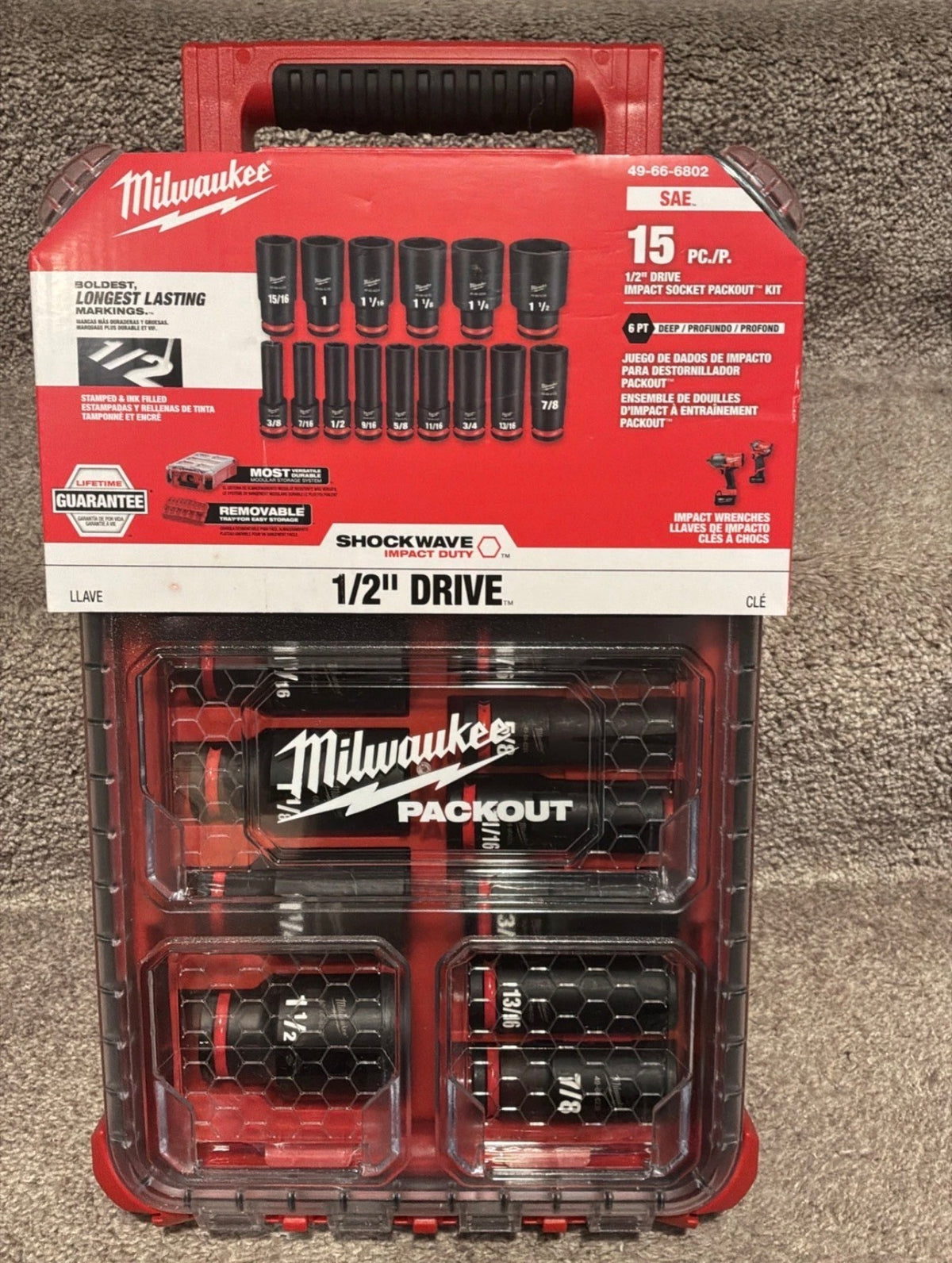 Milwaukee 49-66-6802 SHOCKWAVE™ Impact Duty™ 1/2” SAE Dugókulcs készlet – 15 részes PACKOUT™